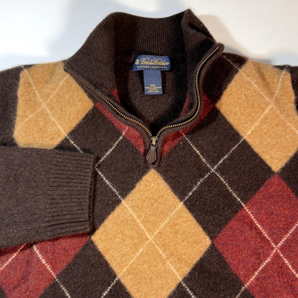Brooks Brothers Argyle Sweater Kids XXL Brown Excellent Lambswool Quarter-Zip